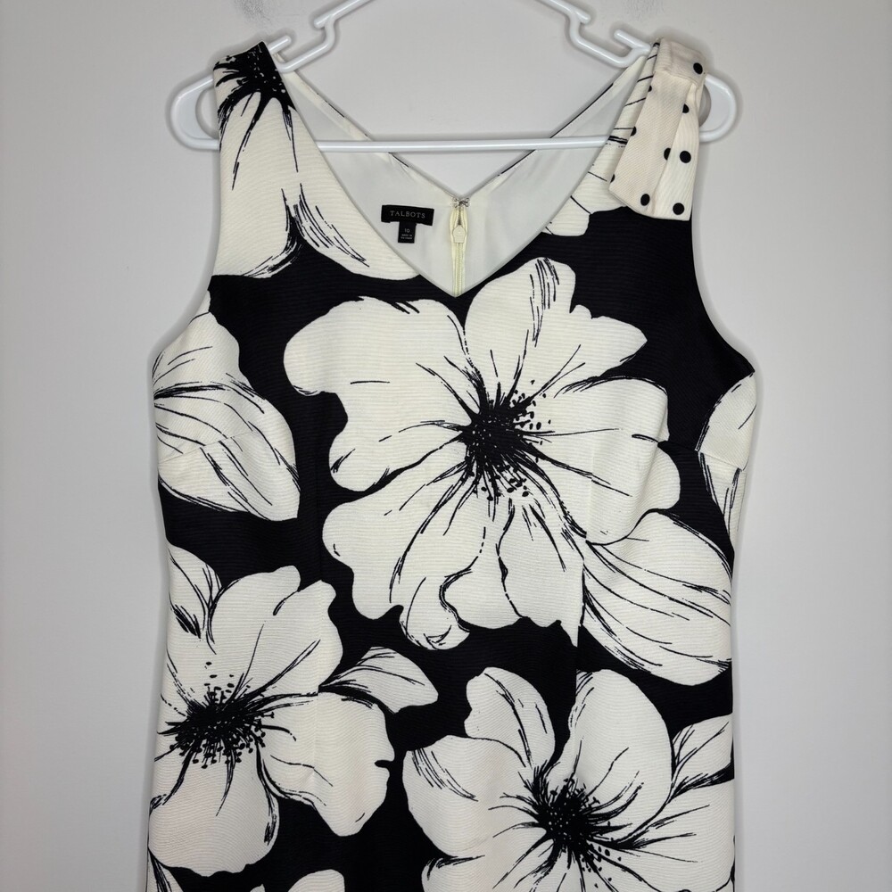 TALBOTS V-Neck Floral Dress Womens 10 Black White Bow Lined Back Slit